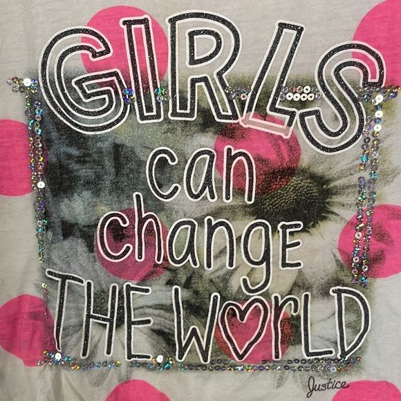 •JUSTICE• WHITE/HOT PINK HIGH/LOW T-SHIRT “GIRLS CAN CHANGE THE W❤️RLD” size 10 - Picture 3 of 5
